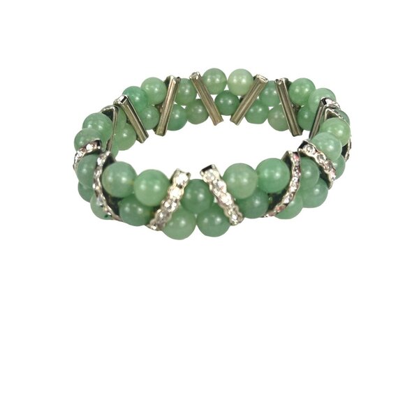 Green Jade Beaded Bracelet With Rhinestone Accents Stretch Fit - Picture 4 of 7